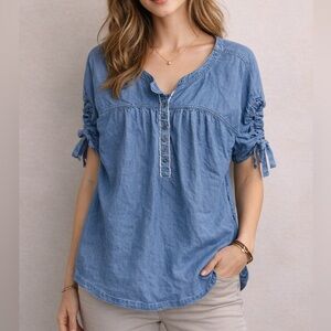 Free People Blue Chambray Tie Sleeve Button Front Top